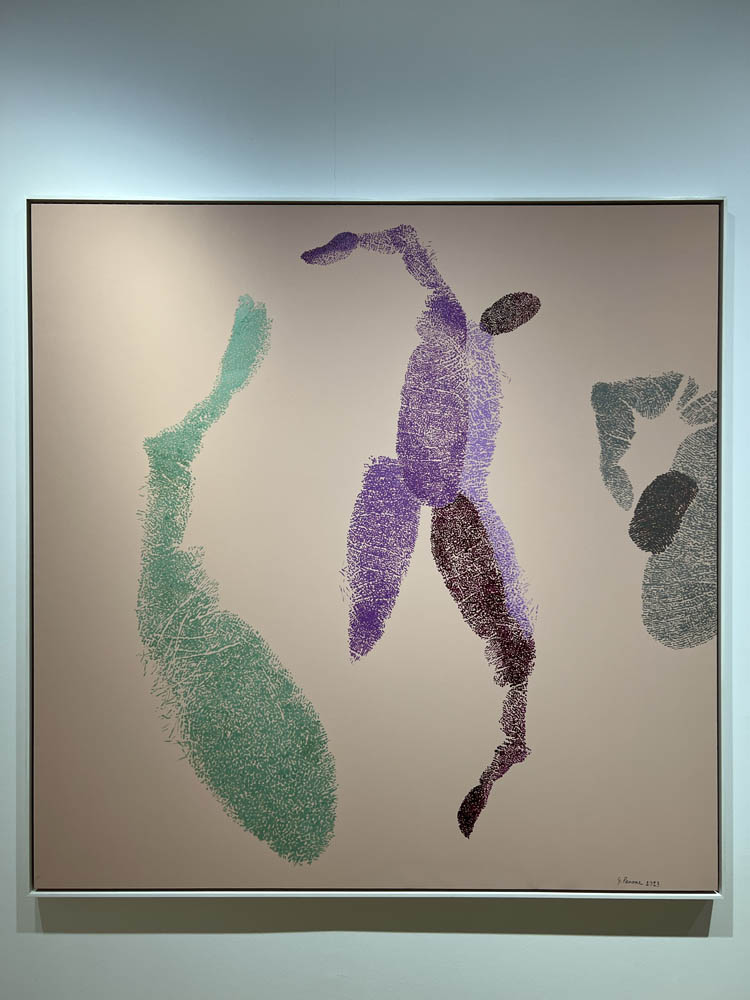 Contemporary painting with abstract human figures in violet and green displayed in a gallery — art advisory collection