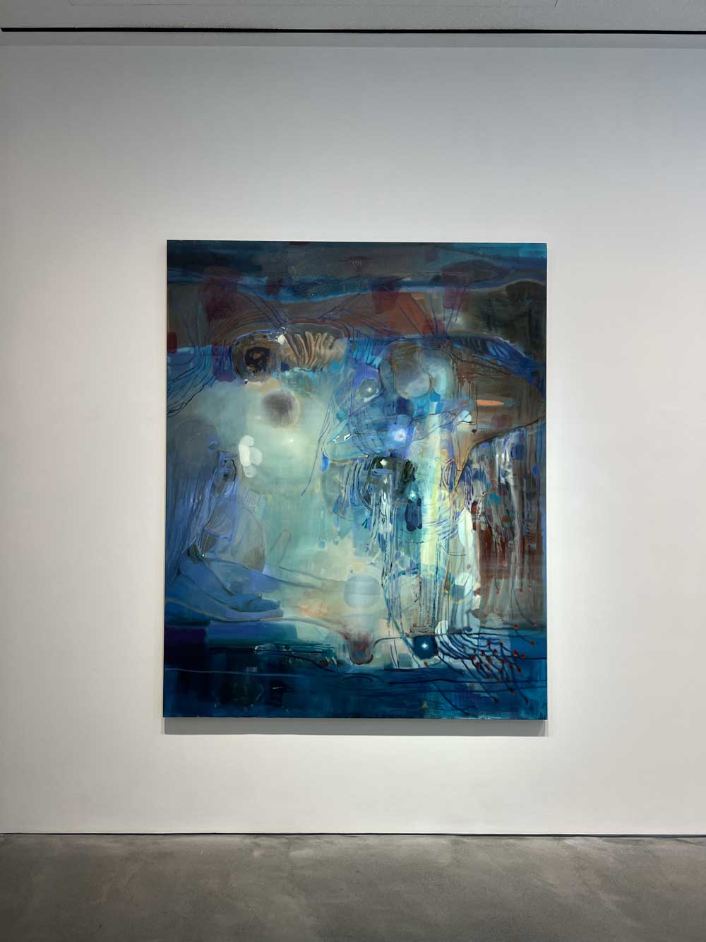 Large abstract painting in teal and blue tones with layered organic forms displayed in a gallery — contemporary art advisory