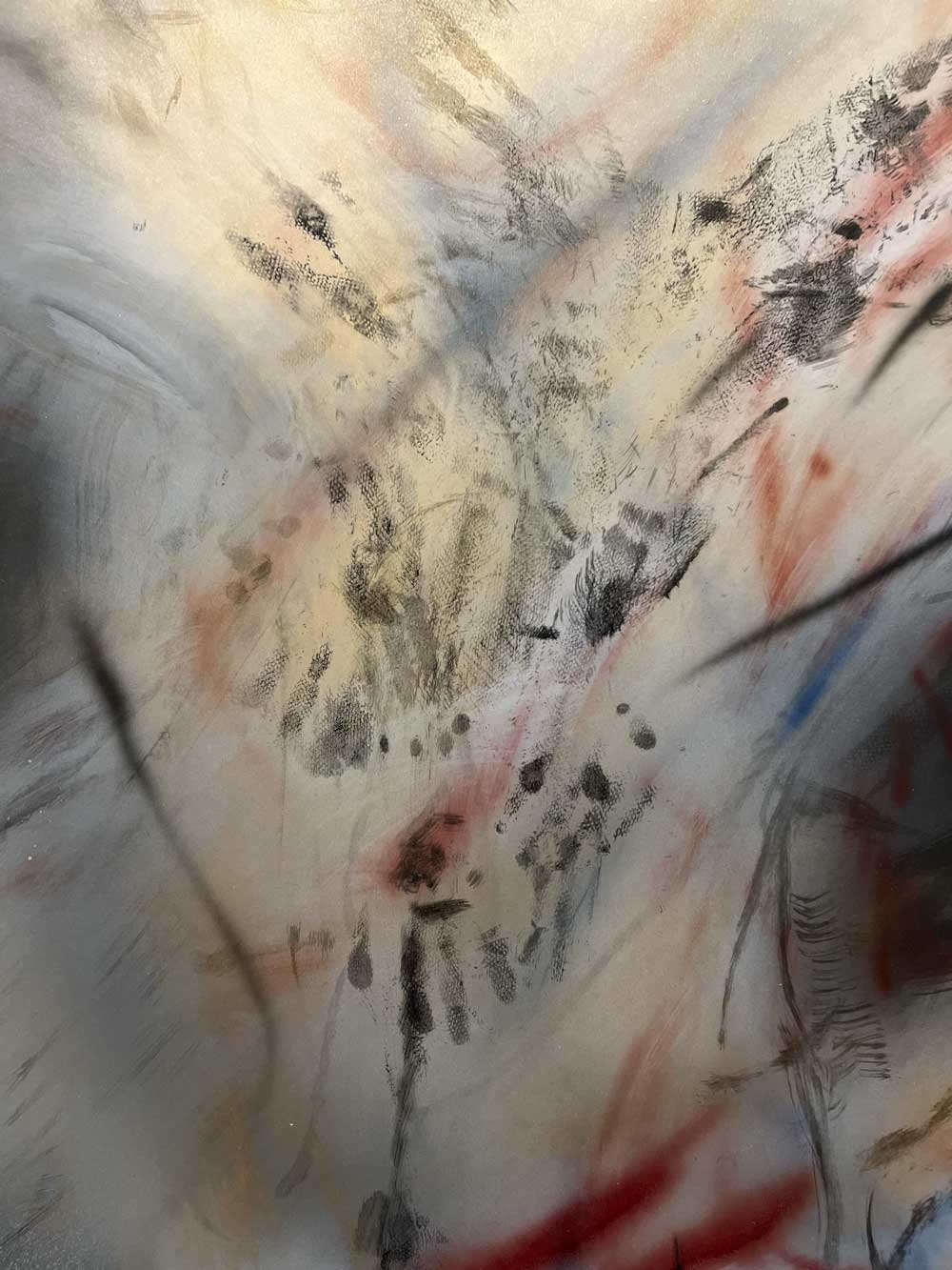 Close-up detail of a gestural abstract painting with soft marks in grey, rose and red — contemporary art advisory