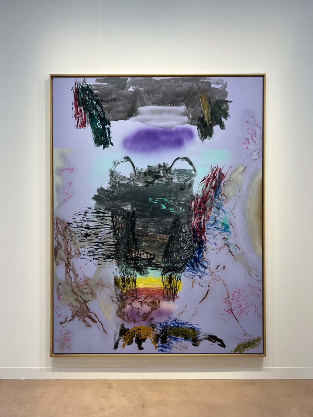 Large abstract painting in lavender with gestural multicolour marks in a gold frame — art advisory and collection management