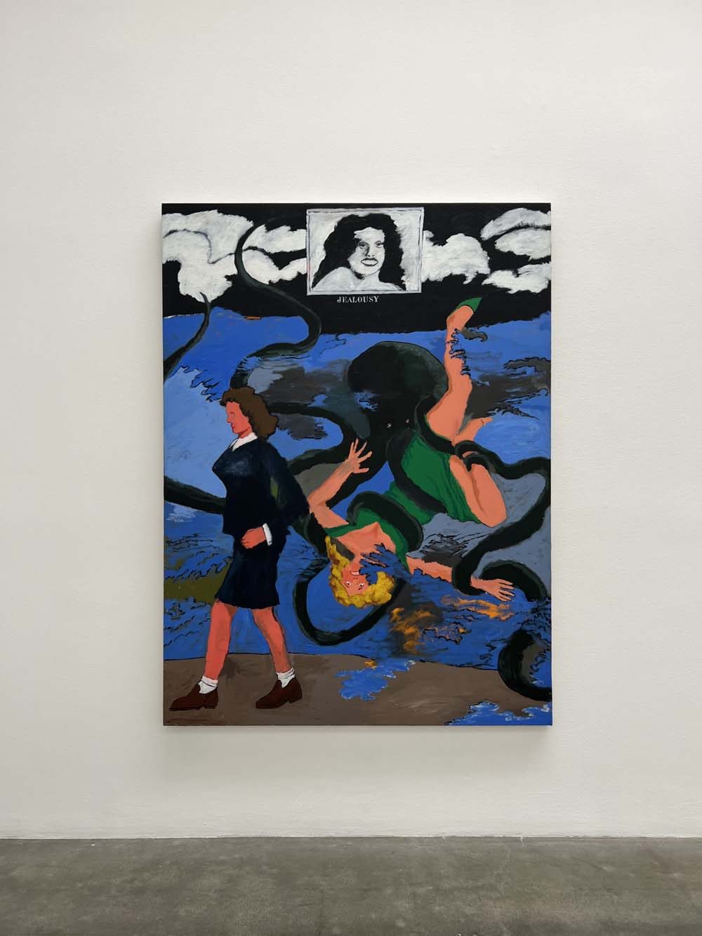 Large neo-expressionist figurative painting titled Jealousy with dramatic blue, green and black composition — art appraisal and contemporary art advisory