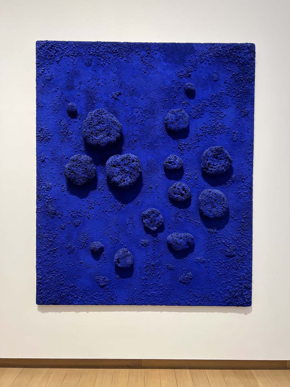 Large-scale monochrome deep blue textured relief painting with sponge-like protrusions in cobalt blue — art appraisal and wealth advisory