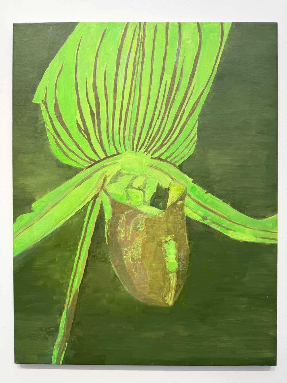 Contemporary painting of a slipper orchid in vivid green on a dark background — art advisory collection